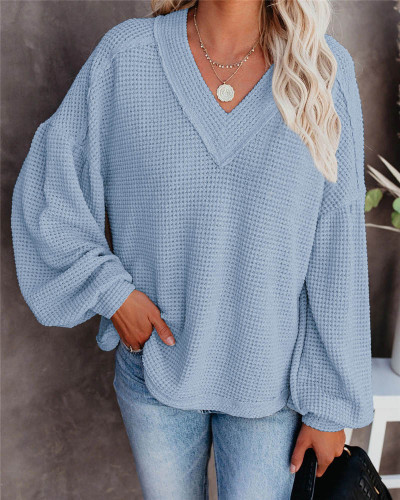 Bule Fashion Women's Loose V-neck Knit Sweater Lantern Sleeve Top