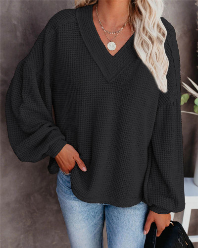 Black Fashion Women's Loose V-neck Knit Sweater Lantern Sleeve Top