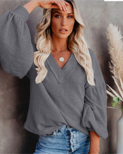 Dark gray Fashion Women's Loose V-neck Knit Sweater Lantern Sleeve Top