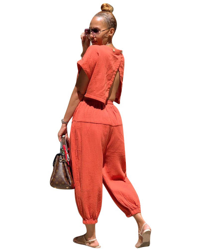 Orange Fashion cotton and linen loose back slit jumpsuit
