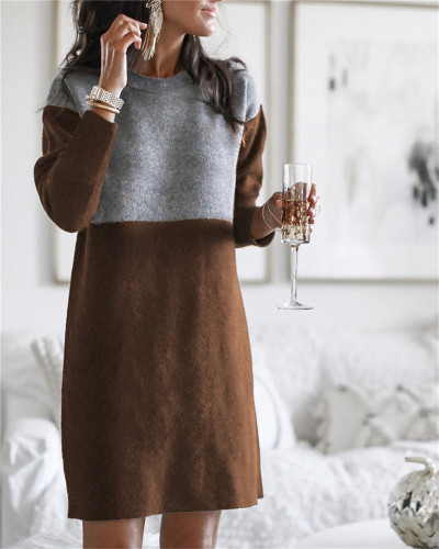 Coffee Sweater net red new stitching skirt loose large size round neck long sleeve women's dress