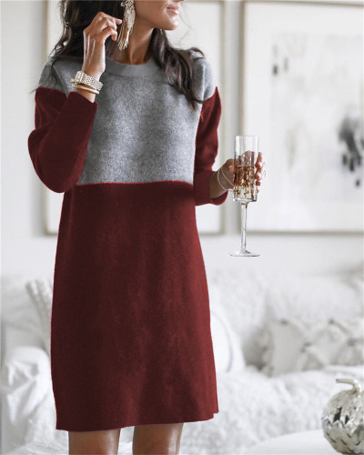 Claret Sweater net red new stitching skirt loose large size round neck long sleeve women's dress