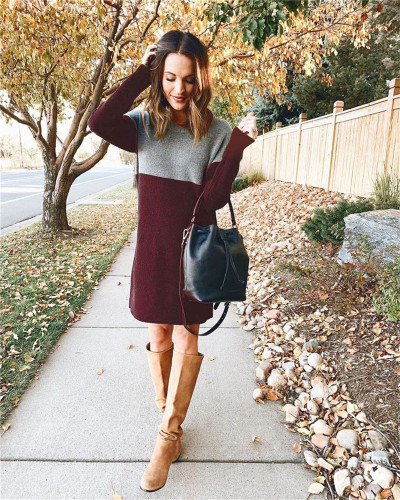 Claret Sweater net red new stitching skirt loose large size round neck long sleeve women's dress