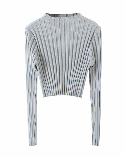 Gray Pure color pit strip pullover sweater