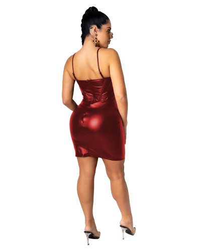 Red Sexy V-neck strap zip dress