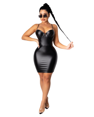 Black Sexy V-neck strap zip dress