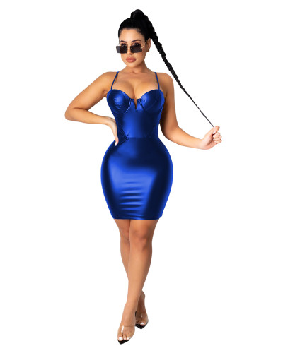 Blue Sexy V-neck strap zip dress