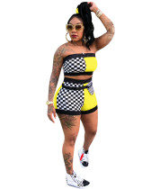 Yellow Two-piece color block wrap shorts with belt