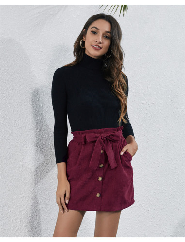 Brown High waist stretch pocket strap A-line skirt