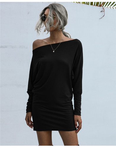 Black Solid color mid-waist sexy bag hip dress