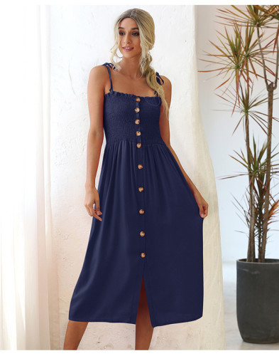 Blue Shirred wrap breast buttoned dress