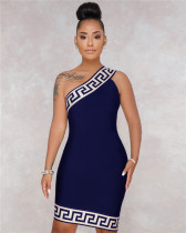 Blue Sexy hot selling fashion women's diagonal shoulder Plaid Dress
