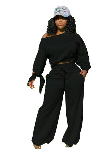 Black Casual fashion solid color round neck 2-piece set