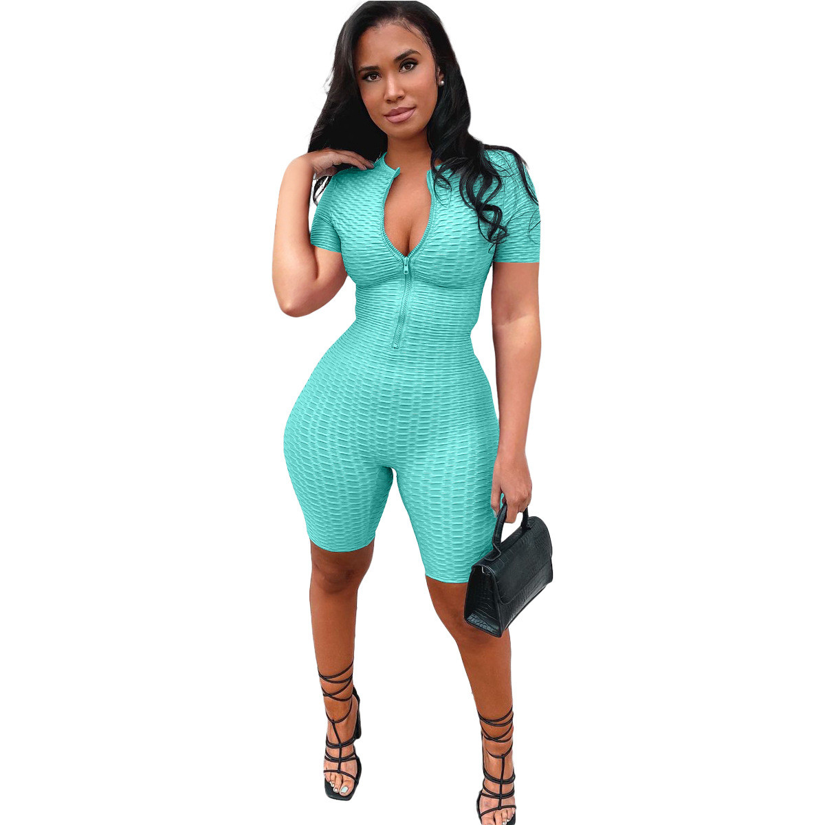 US$ 8.73 - Gray Yoga jumpsuit short sleeve zipper leisure sports