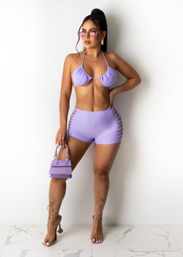 Light purple Women's new bikini pattern wearing hollow hot pants two-piece suit