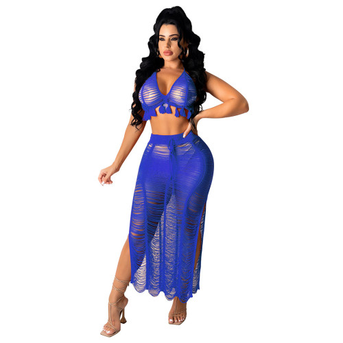 Blue Women's sexy see-through fringed knitted beach skirt suit