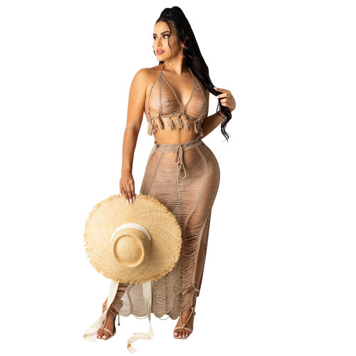 Camel Women's sexy see-through fringed knitted beach skirt suit