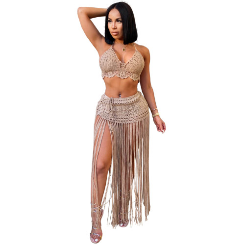 Camel Women's crocheted see-through beach blouse fashion suit