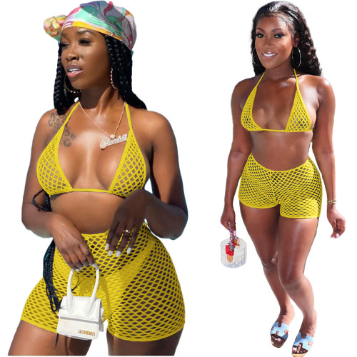 Yellow Casual fashion sexy mesh spring and summer bikini halterneck swimwear three-piece suit
