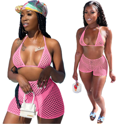 Pink Casual fashion sexy mesh spring and summer bikini halterneck swimwear three-piece suit