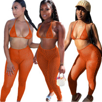 Orange Casual fashion sexy mesh spring and summer bikini halterneck swimwear 6-color three-piece suit