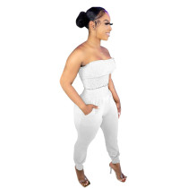 White Women's solid color craft tube top casual suit
