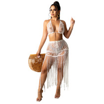 Women's knitted mesh sexy tube top fringed beach dress two-piece suit
