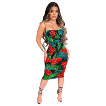 Women's casual printed high waist strappy sexy suspender skirt