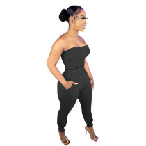 Black Women's solid color craft tube top casual suit