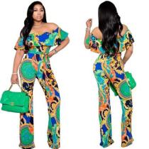 Green   Women's sexy printed wide-leg jumpsuit with one-line collar
