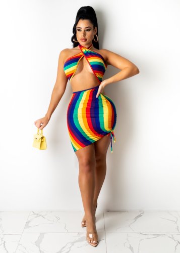 Fashion 2021 summer rainbow gradient print cross drawstring dress bikini