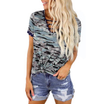 European and American printed short-sleeved V-neck tie loose top T-shirt