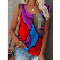 Women's casual round neck sleeveless color matching T-shirt plus size vest top