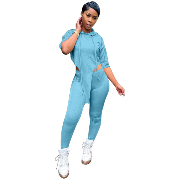 Water blue  Personalized top hooded trousers tight-fitting sexy two-piece suit