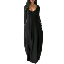 Black Pure color sexy V-neck long-sleeved long skirt thickened