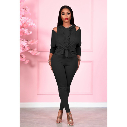 Black Fashion women's solid color strapless hooded two-piece suit