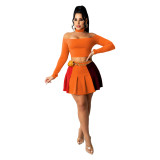 Orange Women's sexy contrast color pleated skirt suit