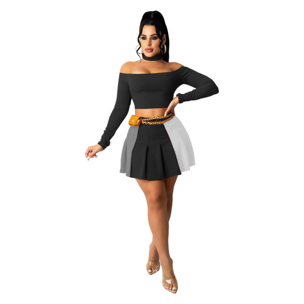 Black Women's sexy contrast color pleated skirt suit