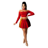 Red Women's sexy contrast color pleated skirt suit