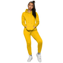 Yellow  Women's solid color hooded sweatshirt sports two-piece suit