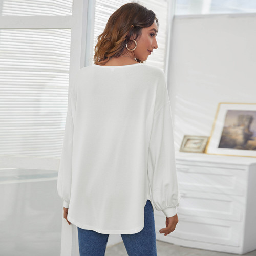 White Round neck loose casual lantern-breasted European and American T-shirt