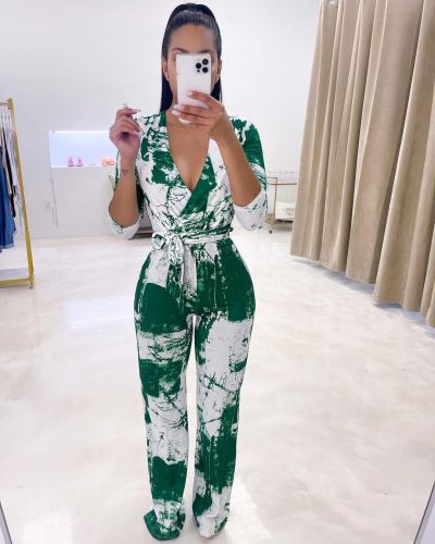 Green  Printed casual jumpsuit with belt