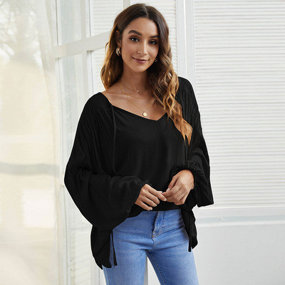 V-neck solid color casual simple T-shirt top