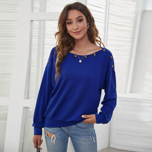 Bule Round neck button strapless casual one-shoulder European and American T-shirt