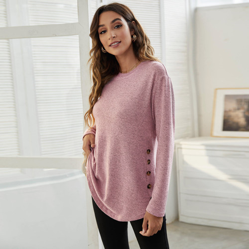 Pink Round neck women's casual simple button long-sleeved T-shirt