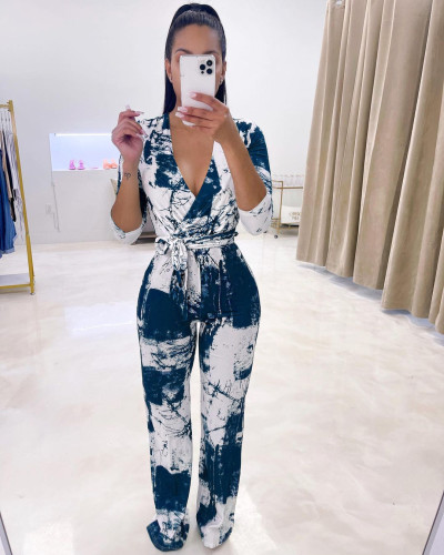Blue Printed casual jumpsuit with belt
