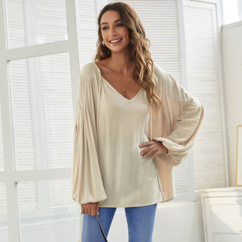 Khaki V-neck solid color casual simple T-shirt top