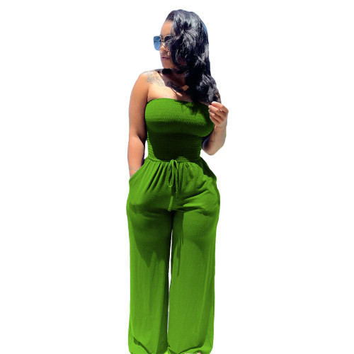 Green   Solid color brushed tube top wide-leg jumpsuit