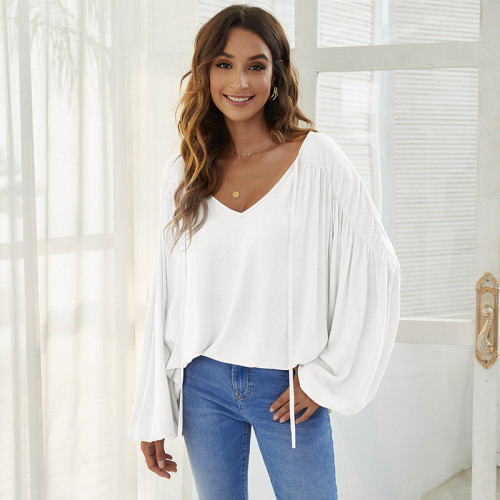 White V-neck solid color casual simple T-shirt top