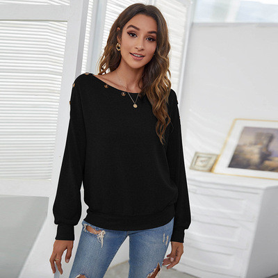 Round neck button strapless casual one-shoulder European and American T-shirt